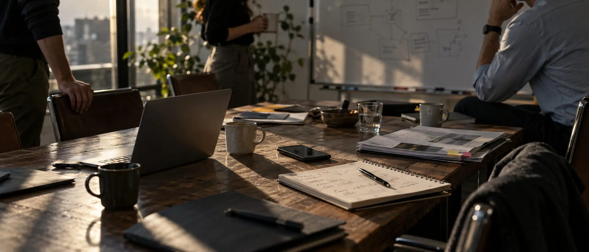 A conference table after a meeting: a laptop, a phone, handwritten notes and a printed deck, with a whiteboard behind