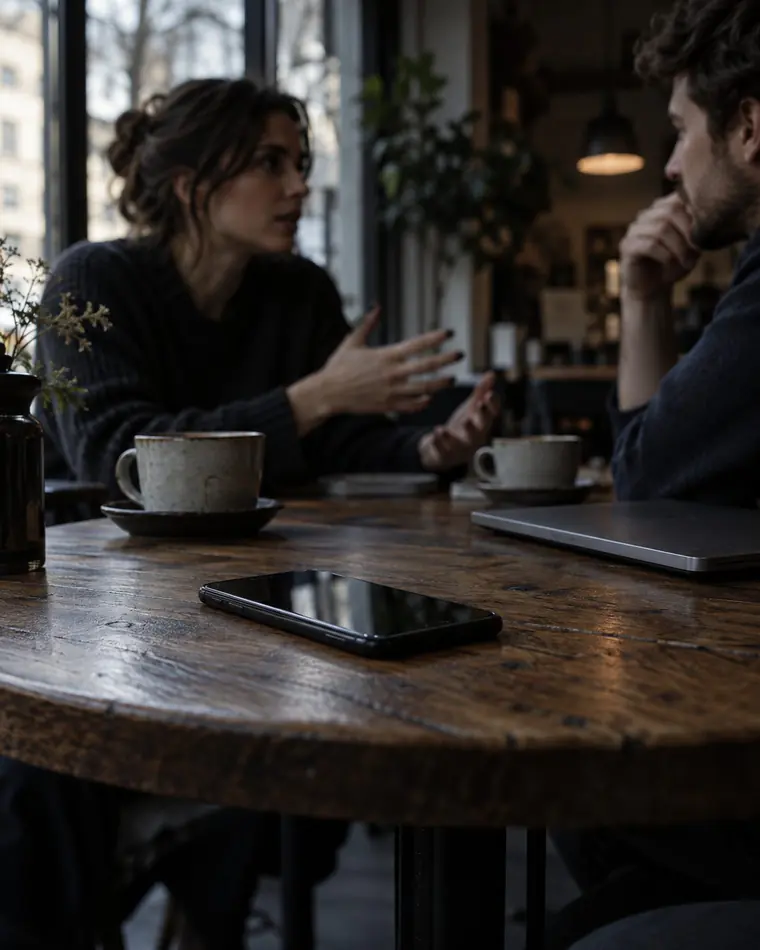Two people talking at a café table with a phone lying between them