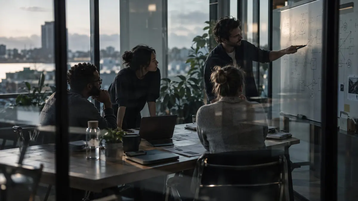 A team working through a diagram on a whiteboard in a glass-walled meeting room