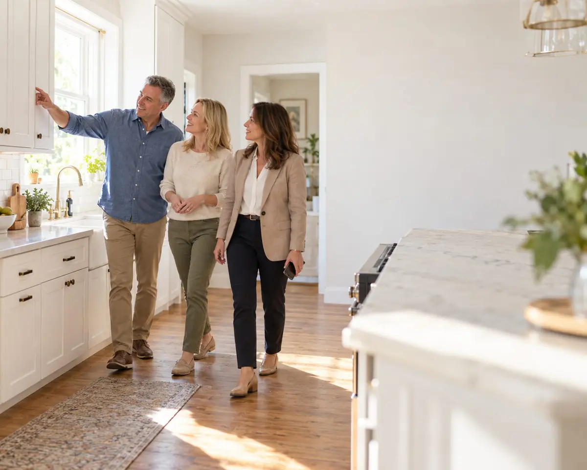 An agent walks through a bright kitchen with two homeowners during a listing appointment
