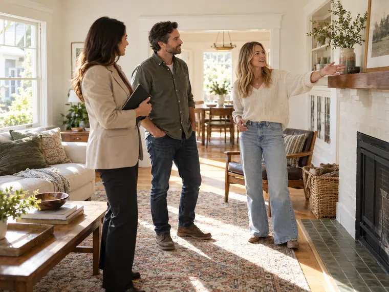 An agent listens as a homeowner points out the fireplace