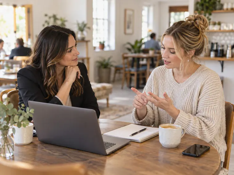 A buyer counts off her must-haves to an agent at a café table