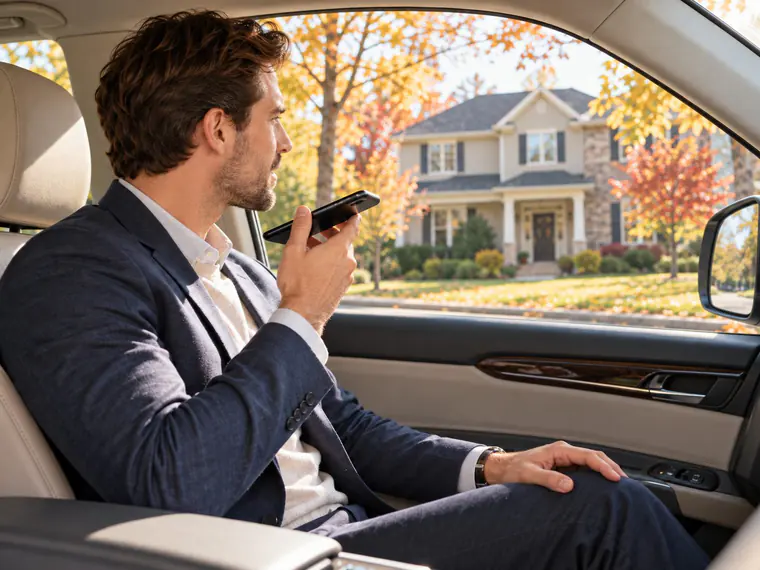 An agent in a parked car records a debrief on his phone, looking at the house he just showed