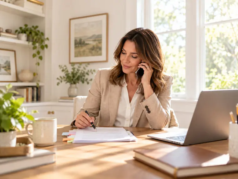 An agent on a phone call marks up a tabbed contract at her desk